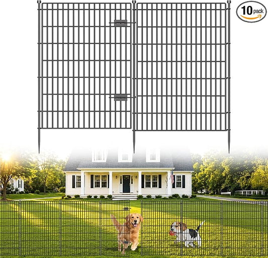 10 Panels No Dig Garden Fence with Gate, 48in(H) × 26.25ft(L) Decorative Metal Outdoor Dog Fence, Rustproof Pet Fencing for Yard, Patio, Flower Bed -Temporary Fencing| Easy to Install