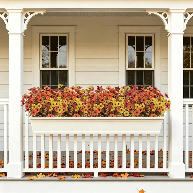 36 Bundles Artificial Fall Flowers for Outdoors, UV Resistant Fake Plants | Faux Silk Daisy Mums with Eucalyptus Stems for Outside Planters, Porch, Patio, Window Box, Garden and Farmhouse Decor
