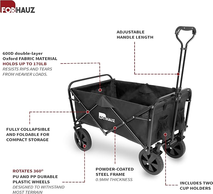 ForHauz Folding Collapsible Heavy Duty Wagon Cart with All-Terrain Wheels for Outdoor Utility, Beach and Garden, Black
