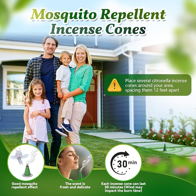 150 Pcs Mosquito Repellent Incense Cones with 6 Metal Dishes, Natural Citronella Incense Cone for Outdoor & Indoor, Suitable for Camping, Hiking, Patio, Poolside, Living Room