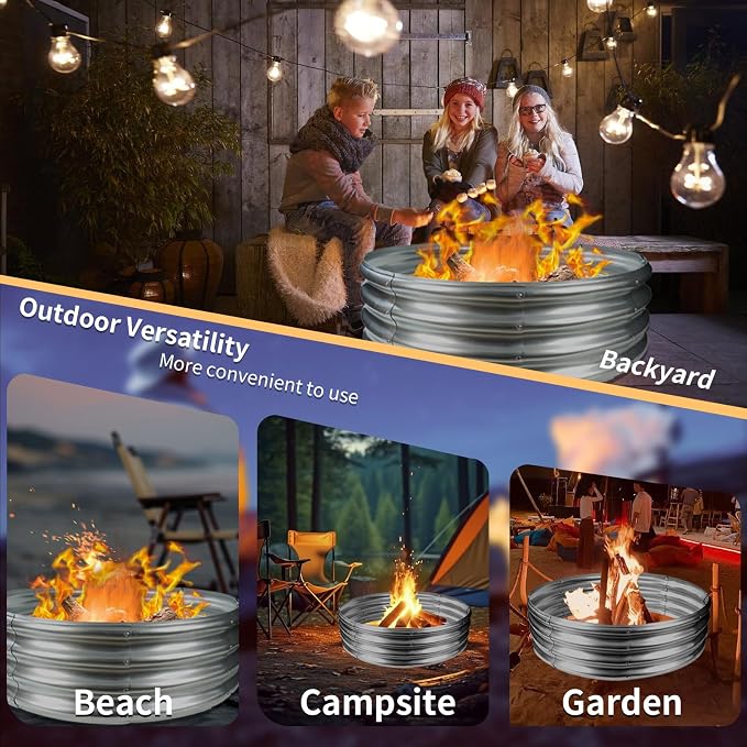 YSEJOMP 36 Inch Round Galvanized Fire Pit Ring/Fire Ring - Foldable and Perfect for Outdoor Gatherings and Campfires in the Yard/Garden/Park/Beach (3 FT Diameter, Silver)
