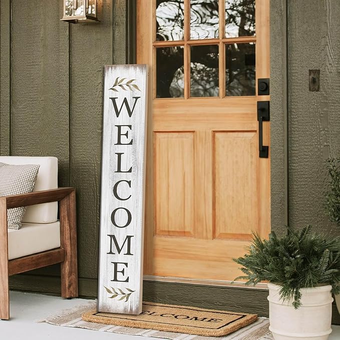 Summer Welcome Sign for Porch 47" Retro White Wooden Door Sign for Outdoor Decoration Rustic Cabin Large Porch Signs For Patio Farmhouse Vertical Signs for Seasons Standing Yard Signs for Garden