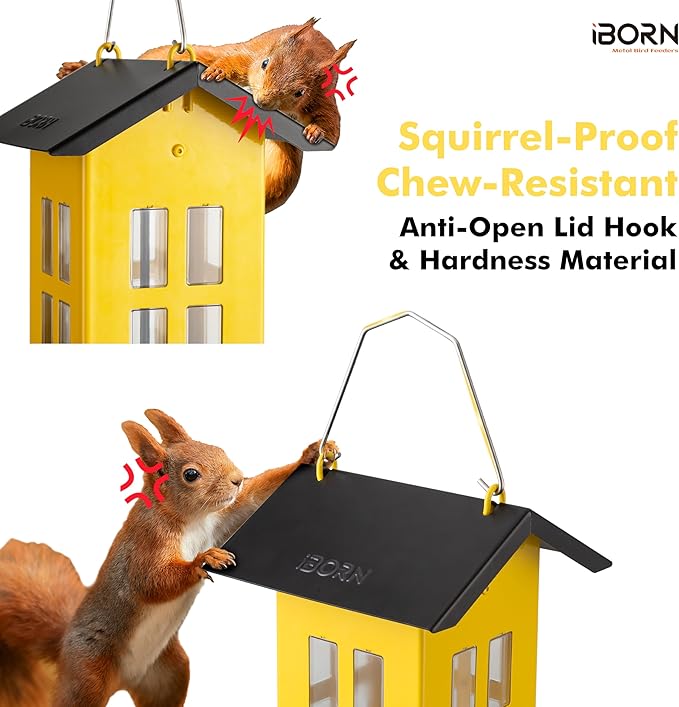 iBorn Bird Feeder House, Metal Bird Feeders for Outdoors Hanging,Double-Sided Metal Hanger & Weatherproof, Easy to Clean & Refill, 1.5 Lbs Capacity, Yellow