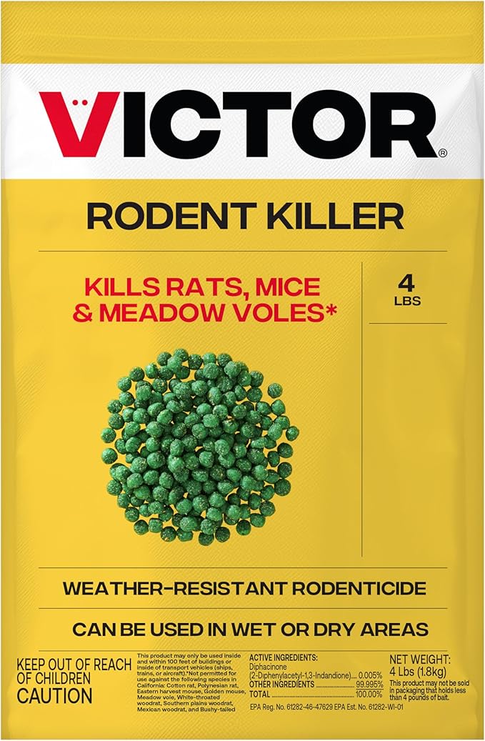 Victor Rat Poisoning for Inside & Outdoor Use - Kills Rats, Mice, Meadow Voles, Mouse Poisoning for Indoor & Outside Areas, Ready-to-Use, Yellow, M925, 4 lbs