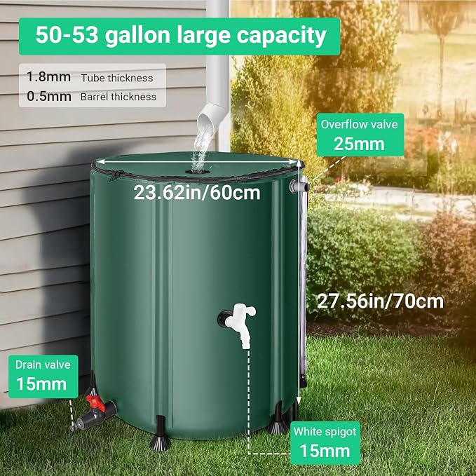 FAMIROSA 50 Gallon / 200L Collapsible Rain Barrel, Foldable PVC Rain Barrels to Collect Rainwater from Gutter, Portable Water Storage Tank Container with Spigot, Water Catcher Collector Green