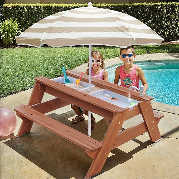 Kids 3-in-1 Sand & Water Table, Wood Outdoor Convertible Picnic Table w/Umbrella, 2 Trays, Removable Top with Faucet, Picnic Table for Outdoor Playset (Brown/Brown)
