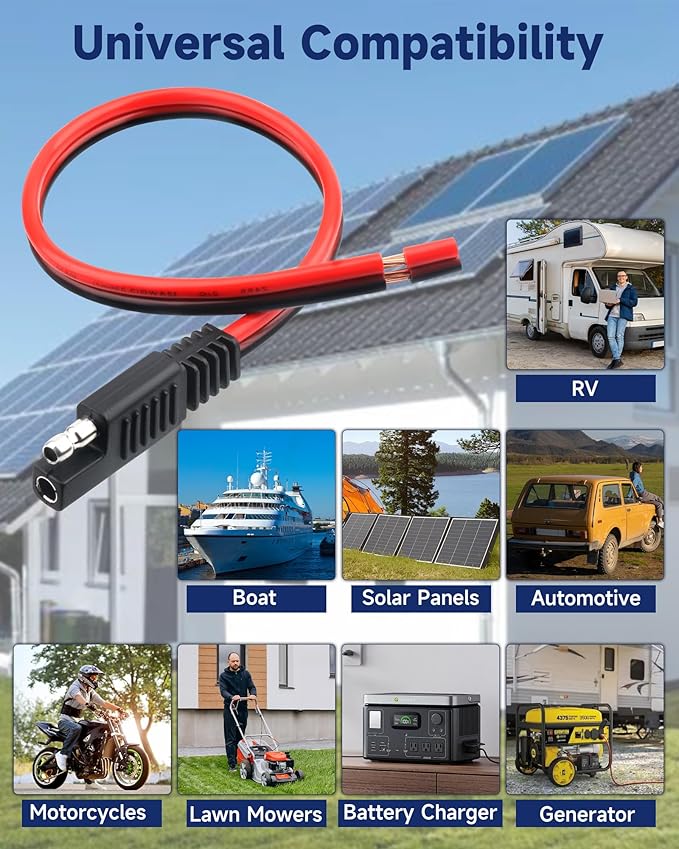 8 Pack 12AWG SAE Connector Extension Cable, 1FT 2 Pin Quick Disconnect Wire Harness, SAE Single Plug for Solar Panel Motorcycle RV Tractor Car Battery Charger