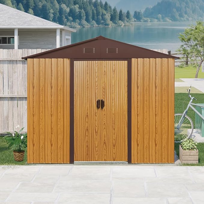 8x4 FT Outdoor Metal Storage Shed with Window, Galvanized Steel Garden Shed, Lockable Sliding Door, Sloped Roof, Ventilated Tool Storage House with Foundation Kit for Backyard Lawn, Coffee