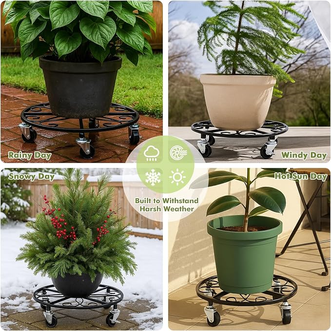 4 Pack Plant Caddy with Wheels 13.5 Inch Rolling Plant Stand for Large Plants Heavy Duty Plant Rollers Metal Plant Dolly Rustproof Planter Stand Wrought Iron Plant Stands Flower Cart Indoor Outdoor