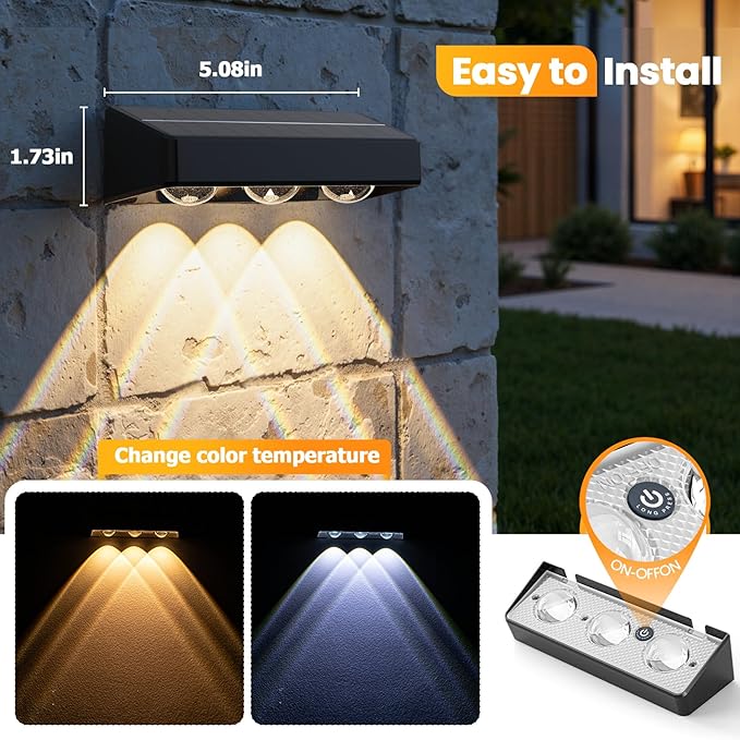 NIORSUN Solar Fence Lights, 12 Pack LED Outdoor Solar Deck Lights with Lenses, RGB Color, IP65 Waterproof, Solar Lights for Outside, Wall, Patio, Railing, Yard (Black)