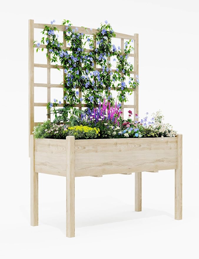 65" Elevated Wooden Raised Garden Bed Planter Box with Trellis, Stand & Waterproof Liner - Large Outdoor Grow Box for Vegetables, Herbs, Flowers on Patio, Balcony, Backyard