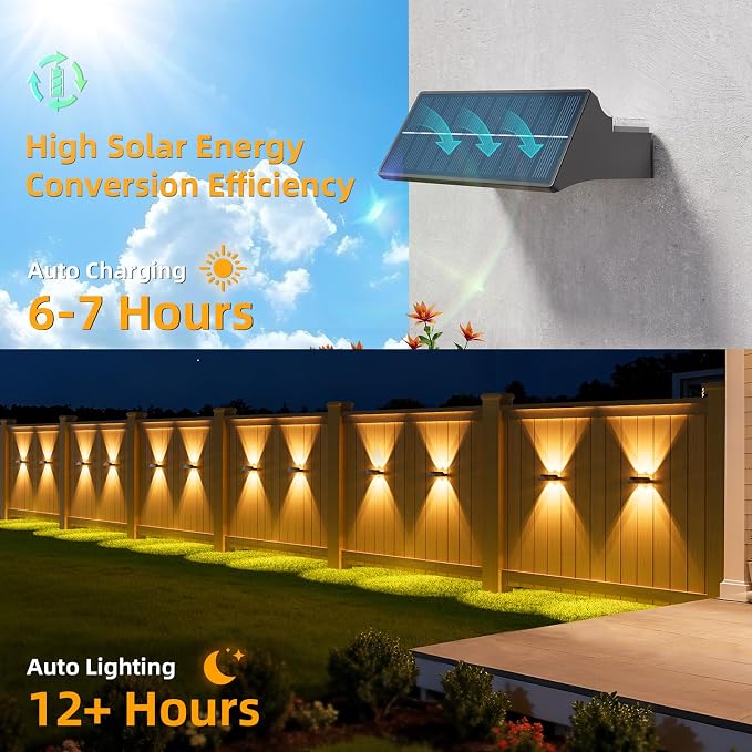 NIORSUN Solar Fence Lights Outdoor, 12 Pack Up and Down Waterproof Solar Wall Lights, Warm & Cool White + RGB, Fence Lights with Lens, Dusk to Dawn Lighting for Patio, Backyard, Pool, Railing (Black)