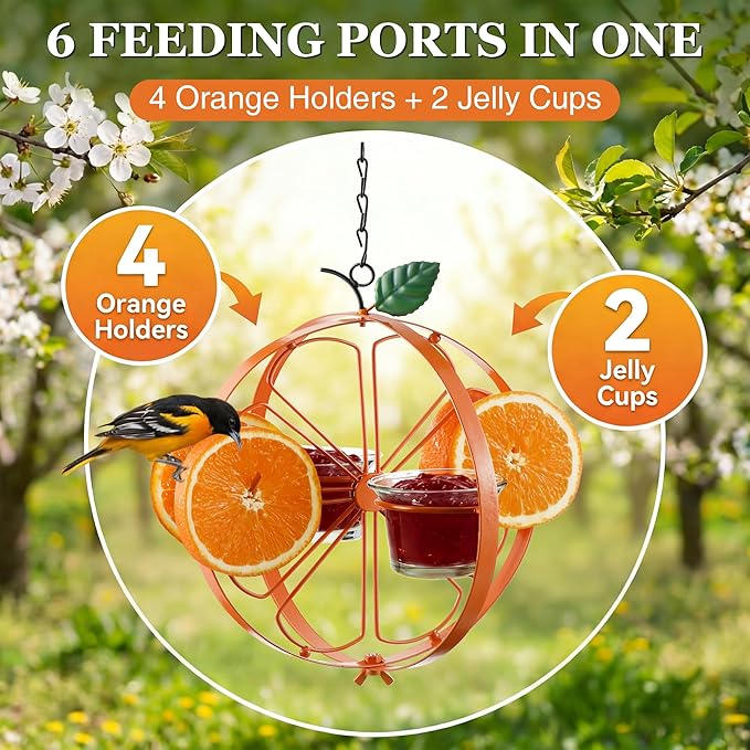 Oriole Feeder with Jelly Cups and Orange Holders, Oriole Bird Feeder for Outdoors Hanging, Foldable Orange-Shaped Jelly Feeders with Glass Bowls for Grape Fruit(2 Pack)