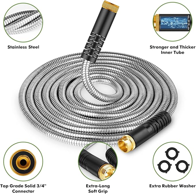 Unywarse Garden Hose 100ft, Stainless Steel Heavy Duty Water Hose with 10 Function Nozzle Flexible, Lightweight, No-Kink, Pet Proof, Puncture Proof Metal Hose for Yard, Outdoor