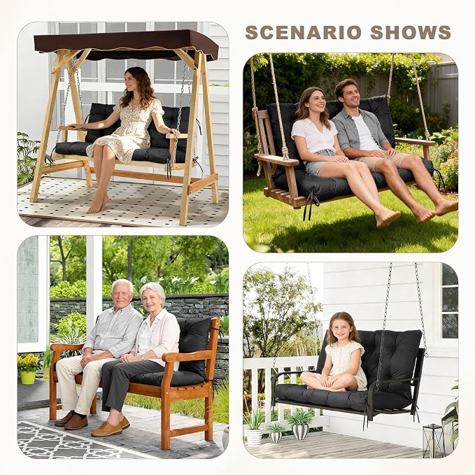 Porch Swing Cushion with Backrest,Waterproof Bench Cushion for Outdoor Furniture,2-3 Seater Replacement Thickened Swing Cushion with Ties,Patio,Outdoor,Backyard and Garden (Black,60x40)