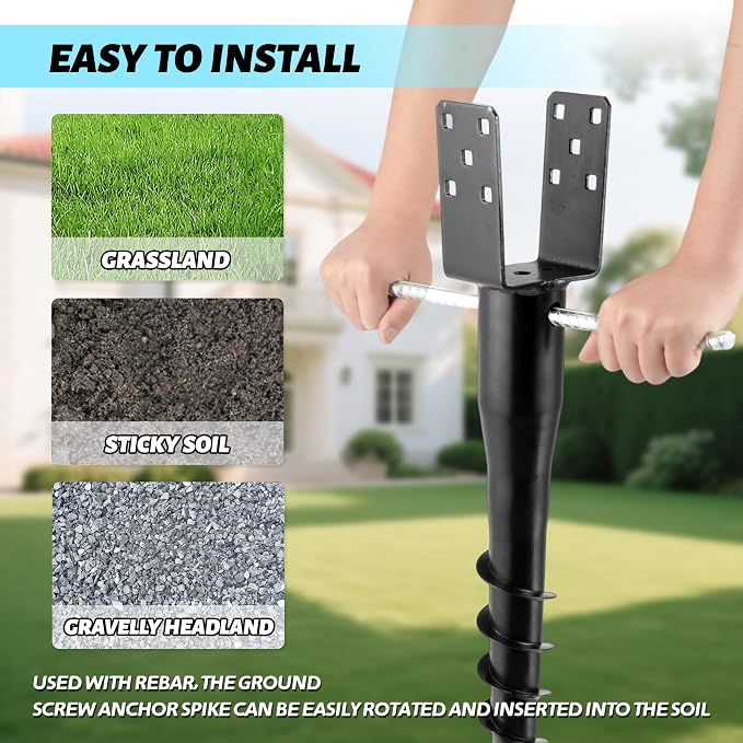 No Dig Ground Screw Anchor - Black U Shaped Post Stake for 4x4 Wood Posts, Includes Lag Bolts & 27" Rebar, for Mailbox Posts and Fence Posts Anchor, 4 Pack