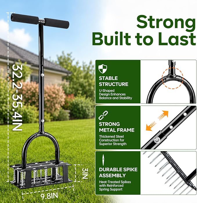 Lawn Aerator - 2-in-1 Manual Aerator with Automatic Dirt and Leaf Clean, Heavy-Duty Reinforced 15 Spikes & Ergonomic T-Handle for Lawn Maintenance, Garden Care, Yard Work (Black)