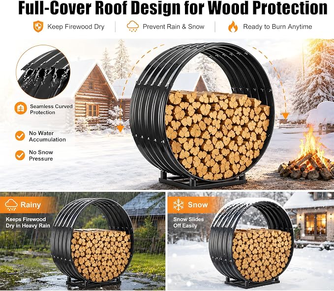 32" Firewood Rack with Roof Cover, Indoor & Outdoor Log Holder Keeps Firewood Dry, Clean & Organized for Fireplace, Patio & Backyard, Heavy-Duty Steel Wood Storage Rack, 500LBS Capacity