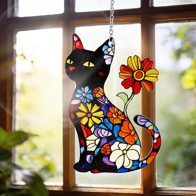 Cat Stained Glass Suncatcher Window, Hanging Sun Catchers Indoor Window, Cat Lover Suncatcher for Mom/Women (Black)