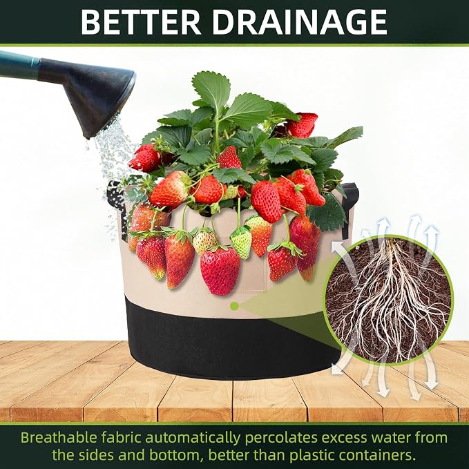 LITLANDSTAR 15 Gallon Fabric Grow Bags, 10 Pack Heavy Duty Thickened Nonwoven Plant Grow Bags with Handles and Label Bags, Fabric Plant Pots for Growing Vegetables Flowers Herbs (Black Mixed Camel)
