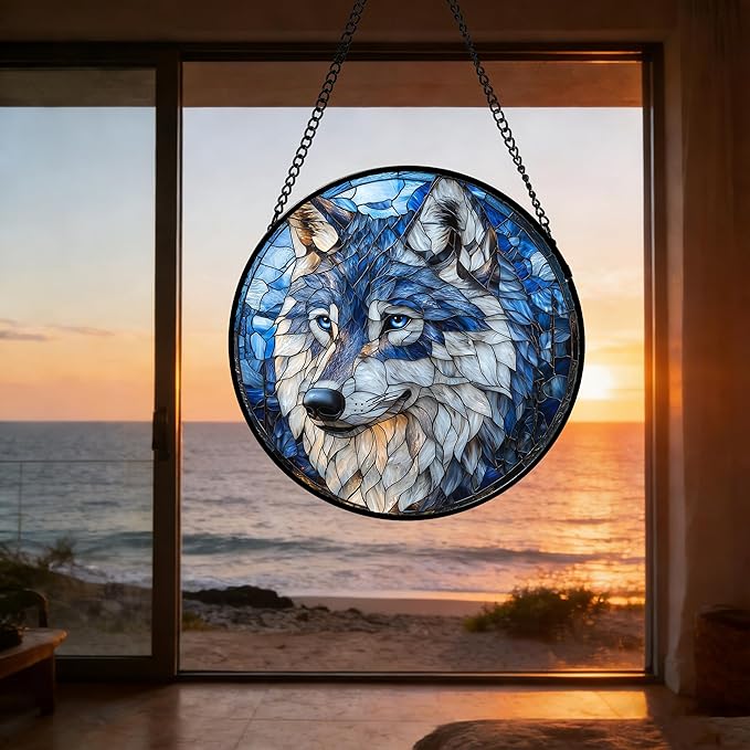 DASTOLL Stained Glass Window Hanging - Funny Wolf Suncatcher Ready to Hang Window Doors Home Decoration and Christmas, Mother's Day Birthday Gifts for Women, Men, and Mom 11.8x11.8 in