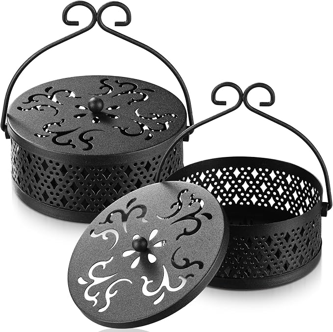 Lallisa Incense Coil Holder Sets, Round Metal Hanging Incense Burner with Handle and Lid, Portable Coil Burner Stand Container for Patio Camping Garden Home Indoor Outdoor Decor(Black,2 Pcs)