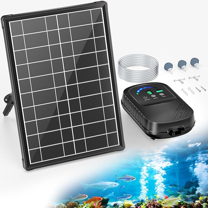 POPOSOAP 8W Solar Pond Aerator with Digital Display, Solar Air Pump 7/24H Oxygen Supply with Battery, 9 Adjustable Mode Oxygen Pump for Fish Pond, Koi Pond, Aquarium & Fishing Tank-P9375