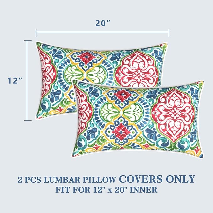 LVTXIII 2 Pack Outdoor Lumbar Pillow Covers 12x20 Inch with Piping, Water-Repellent Back Cushion Covers ONLY for Patio Furniture, Sofa, Garden Bench, Damask Red