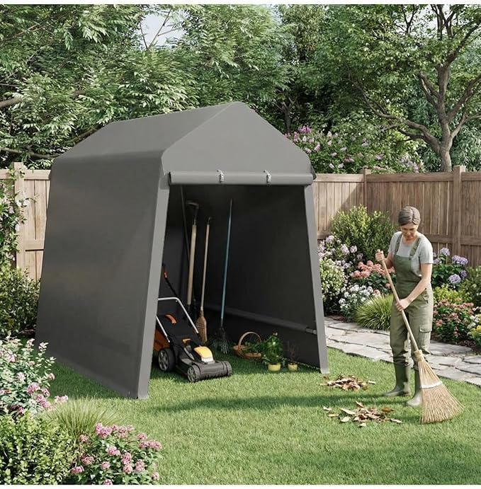 Garvee 7X12 Ft Outdoor Storage Shed, 2 Rolled Up Zipper Doors Portable Storage Shed, Waterproof Cover Vents Carports Temporary Shelter for Bike, Motorcycle, Gardening Tools, Generator, Grey