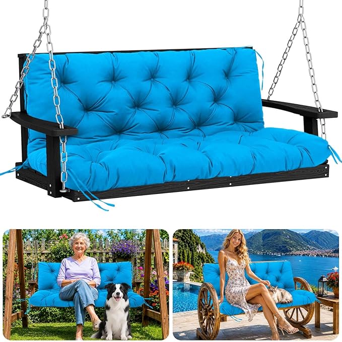 Porch Swing Cushions 70 inch Waterproof & Fade Resistant Thicken 5" Outdoor Swing Cushions 3 Seater Replacement with Backrest & Ties Patio Swing Cushions for Outdoor Furniture (Lake Blue)