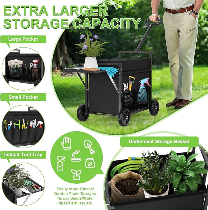 Garden Seat with Wheels, Garden Cart with Seat, 400 lbs Garden Rolling Utility Cart with Foldable Side Trays, for Gardening, Patio, Backyard, Gardening Gifts for Fathers Day