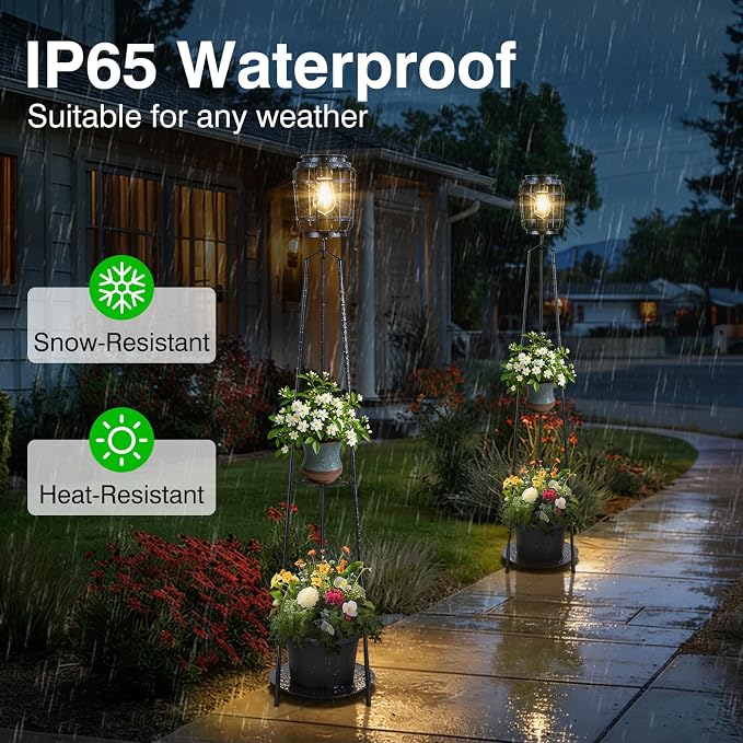 TOWPONICS 2-Pack 52.4'' Solar Lights Outdoor with Plant Stands, Solar Floor Lamp with Planter & LED Edison Bulbs, Patio Lights Outdoor Waterproof Garden Decor, Yard Porch Balcony Decoration