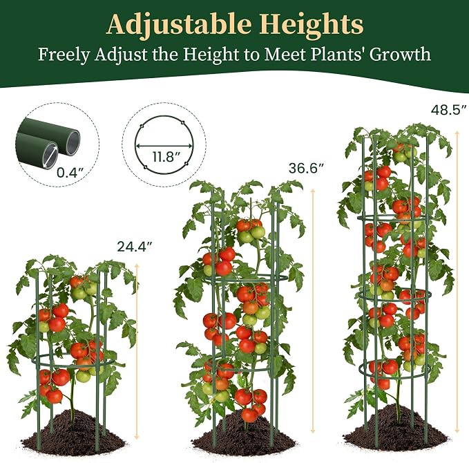 4 Pack Tomato Cages for Garden, 49" Tall Adjustable Heavy Duty Rust Resistant Tomato Trellis, with Upgraded Coupler for Raised Beds & Pots, Plant Stakes and Supports for Climbing Vegetables, Flowers
