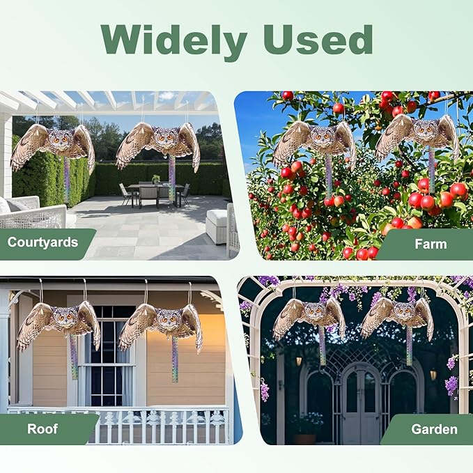 Plastic Owls to Scare Pigeon Away from Porch, 4PCS Fake Owl to Keep Woodpecker Away for House with Reflective Tape, Flat Garden Owls, Squirrel Pigeon Scare Devices, Hanging Owl Decor for Outdoor