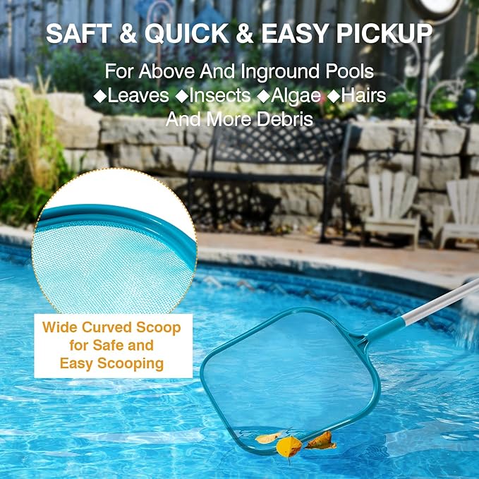 Pool Skimmer - Pool Skimmer Net with 5 Section Detachable Aluminum Telescopic Poles, 25''- 64'', Pool Net Skimmer Rake with Ultra Fine Mesh , Pool Leaf Skimmer for Swimming Pools, Spas, Hot Tubs