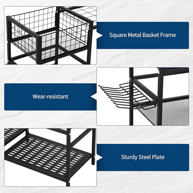 CuisinSmart Garden Tool Organizer With Basket,3 Tier Yard Storage Rack,With 6 Shelves,Heavy Duty Holder With 35 Long-Handled Slots for Yard Shed and Lawn