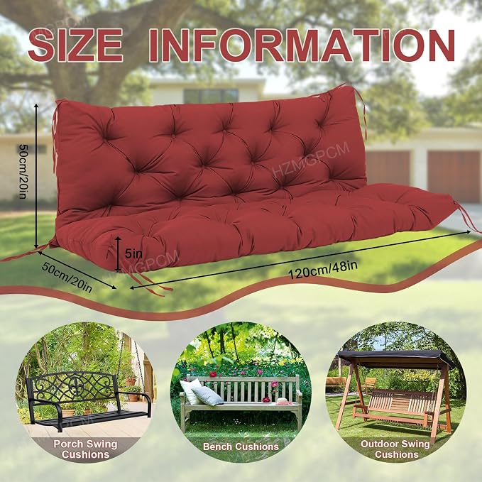 Premium 5" Thick Waterproof Outdoor Swing Cushions Sturdy Durable 2-3 Seat Replacement Porch Swing Cushions with Backrest&Ties Bench Cushion for Outdoor Furniture Backyard Patio (48x40inch)