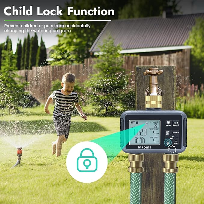 Insoma Water Timer with Brass Inlet & Outlet, 2 Independent Zones Outdoor Hose Timer for Garden Faucet with Auto/Manual/Rain Delay Mode, Sprinkler Irrigation Timers for Yard Lawn