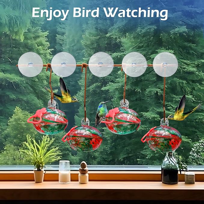 Pozfun Set of 3 Hummingbird Feeders for Outdoors Hanging,Hand-Blown Glass Hummingbird Feeder with Silicone Feeding Perch,Never Leak,Gardening Gifts for Woman Man(Red)