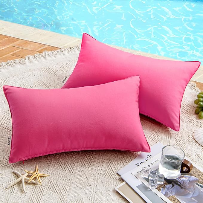MIULEE Pack of 2 Decorative Outdoor Waterproof Pillow Covers Rectangular Garden Cushion Sham Throw Pillowcase Summer Shell for Patio Tent Couch 12x20 Inch Hot Pink