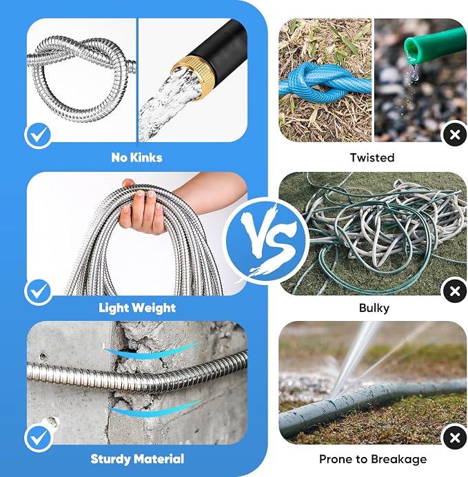 Itsonestep Garden Hose 100 FT, Metal Stainless Steel Water Hose with 10 Function Nozzles, No Kinks, Flexible Hose, Lightweight, Puncture Proof, Heavy Duty Hose for Yard and Outdoor, Silver