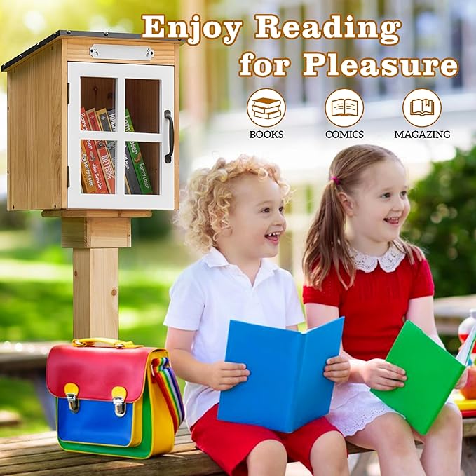 Outdoor Book Sharing Box: Natural Wood Library with Reinforced Waterproof Roof, DIY Book Sharing Storage Box for Outside Neighborhoods Community Schools (Wood Sloped Roof)