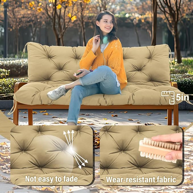 Premium 5" Thick Waterproof Porch Swing Cushions Sturdy Durable 2 Seat Replacement Outdoor Swing Cushions with Backrest&Ties Bench Cushion for Outdoor Furniture Backyard Patio Garden