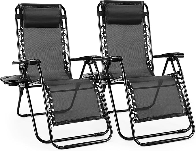 Sweetcrispy Zero Gravity Chairs, Set of 2 Portable Recliner Beach Camping Patio Outdoor Folding Lounge Chair with Cup Holder Trays and Adjustable Pillow for Poolside, Garden, Backyard, Lawn (Black)