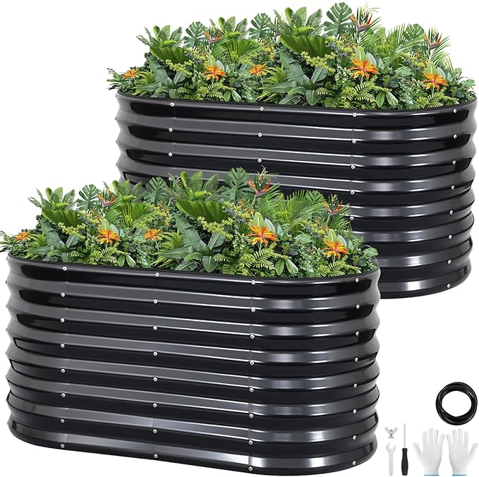 Galvanized Raised Garden Bed Outdoor 24'' Deep | Oval Metal Garden Beds with Easy Assembly & Planter Box for Planting Deep Root Vegetables Fruits Flowers, 4x2x2ft Grey 2pcs