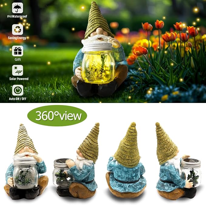 Solar Firefly Jar Gnome Resin LED Garden Statue | Waterproof hand-painted resin; flickering firefly LED lights; holiday gift for women mom grandma