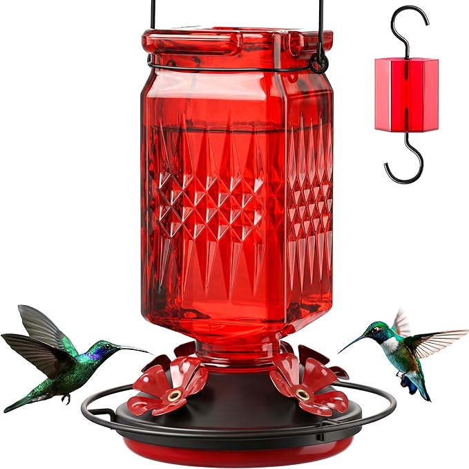 20oz Glass Hummingbird Feeder for Outdoors Hanging, Bird Nectar Feeder with 4 Bee Guard Flower-Shaped Feeding Ports & Built-in Ant Moat, for Bird Lover, Red (1 Pack)