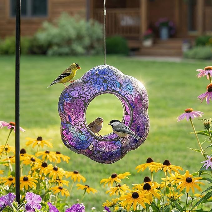 Sunnydaze 10-Inch Glass Mosaic Hanging Bird Feeder for Outdoors - Fly-Through Glass Bird Feeder for Cardinals, Jays, Finches and More - Iridescent Purple Flower