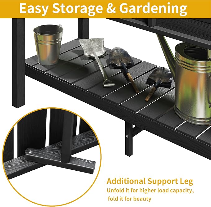 DWVO Raised Planter Box with Legs 48x18x30in Raised Garden Bed HDPE Poly Wood Weather-Resistant Elevated Garden Bed with Storage Shelf, Planter Boxes Outdoor for Patio Balcony Backyard, Black