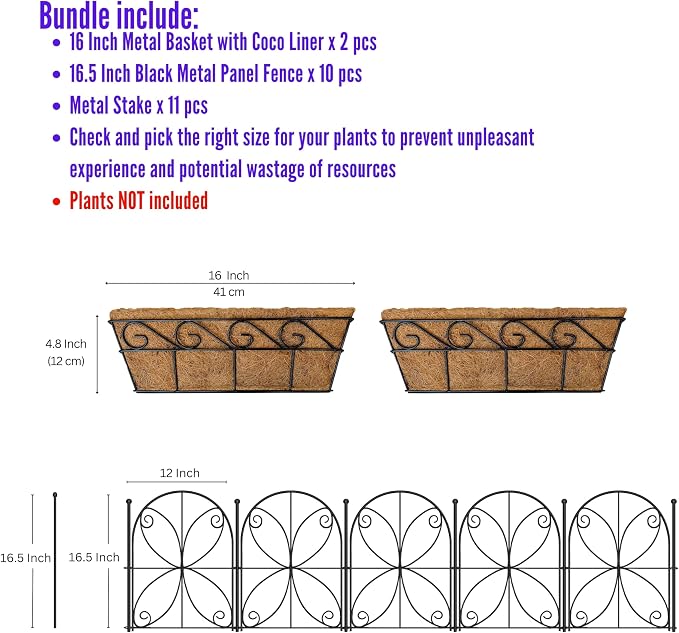 ShopLaLa Bundle- 10 Pack,16.5 Inch Decorative Garden Fence + 2 Pack, 16 Inch Metal Basket with Coco Liner Railing Fence Strawberry Plant Box Flower Bed Rustproof Landscape Edging Outdoor Garden Border
